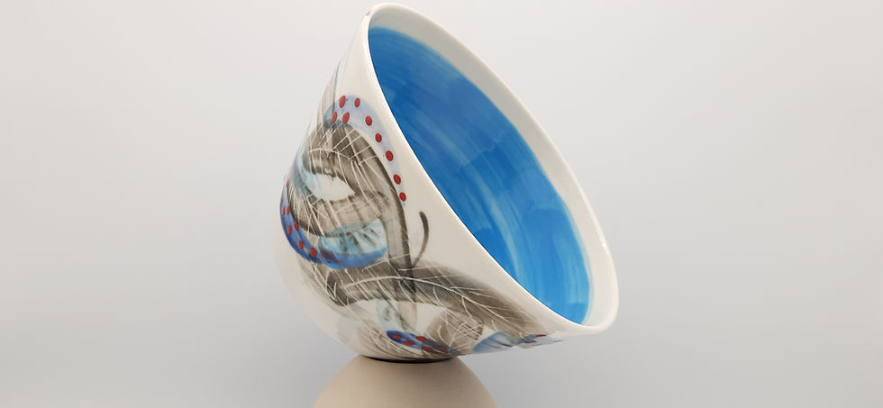 Miniature : Bol moyen, motif de plumes - intérieur bleu,base en terre