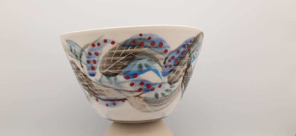 Miniature : Bol moyen, motif de plumes - intérieur bleu,base en terre