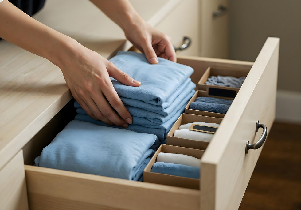Mãos organizam roupas azuis dobradas em gaveta com divisórias de madeira, em ambiente doméstico.