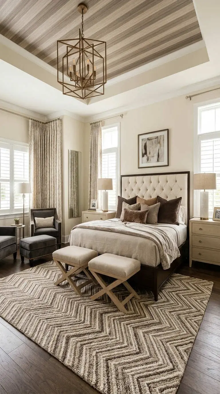 Quarto elegante com cama grande, poltronas cinza, tapete com padrão zig-zag, lustre moderno e cortinas bege. Ambiente acolhedor.