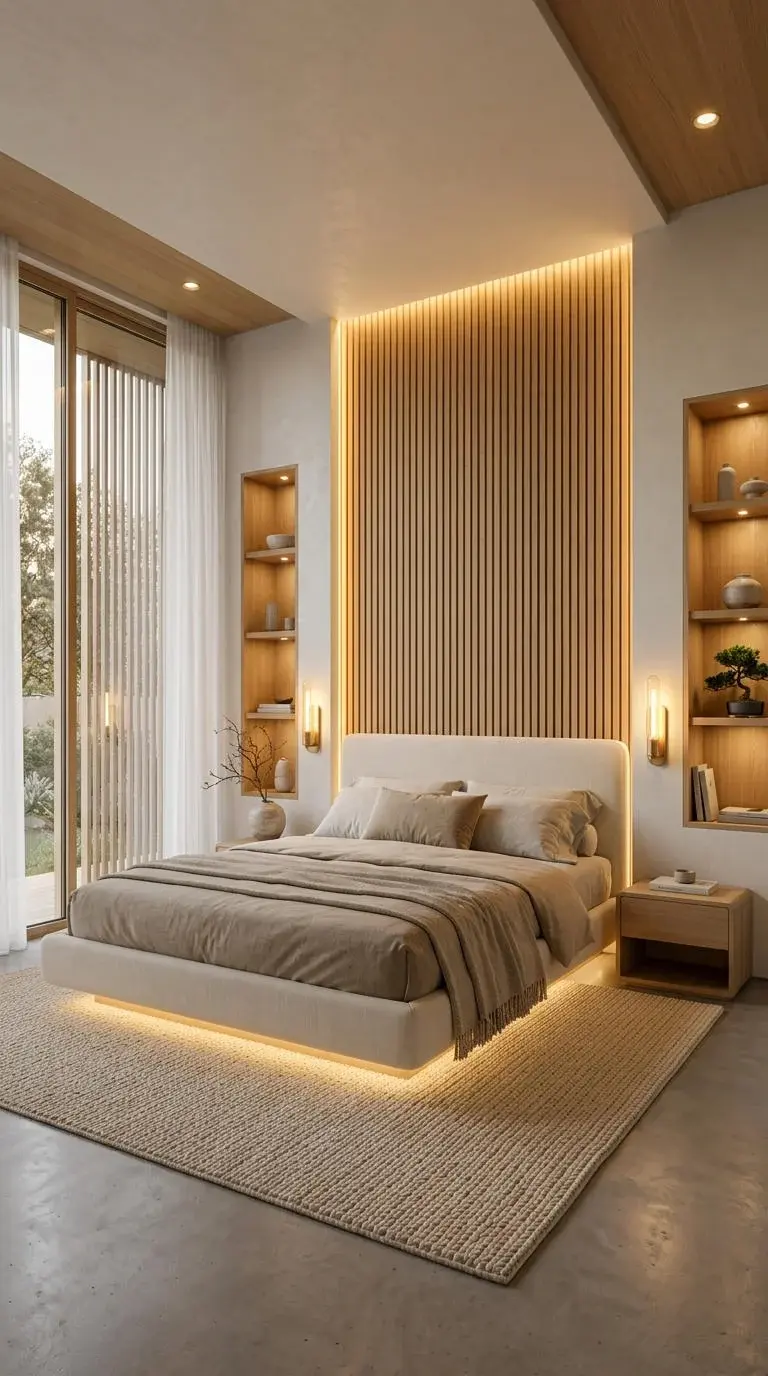 Quarto moderno com cama bege iluminada, cabeceira de madeira e nichos embutidos com decoração. Janela grande com cortinas brancas.