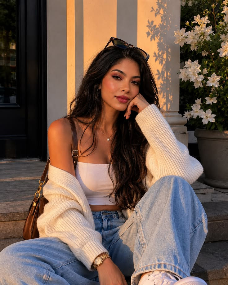 Mulher sentada em degraus ao pôr do sol, com cardigan branco e jeans, olhar sereno; flores brancas ao fundo.