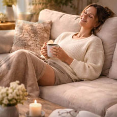 Mulher relaxa no sofá com caneca, vela e livro aberto em sala aconchegante, com tons bege e luz suave.