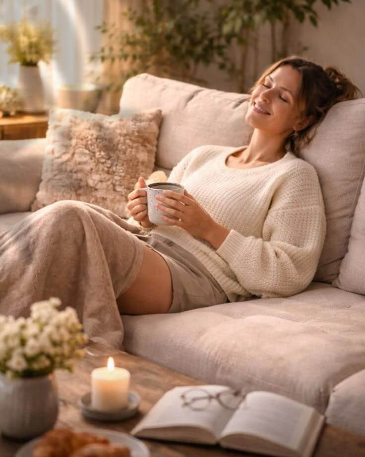 Mulher relaxa no sofá com caneca, vela e livro aberto em sala aconchegante, com tons bege e luz suave.