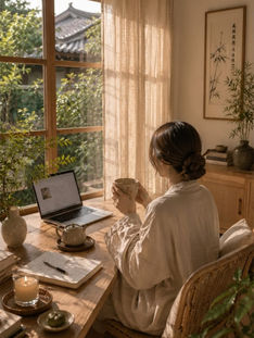 Mulher de robe bebe chá à mesa com laptop, em escritório zen ensolarado, com plantas, vela e janela para jardim e telhado japonês.