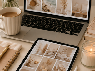 Laptop e tablet exibem colagens de fotos em tons neutros. Flores rosa, vela acesa e xícara de café criam um ambiente aconchegante.