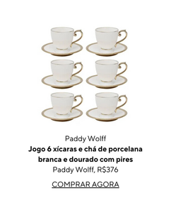 Jogo 6 xícaras 200ml para chá de porcelana branca e dourado com pires