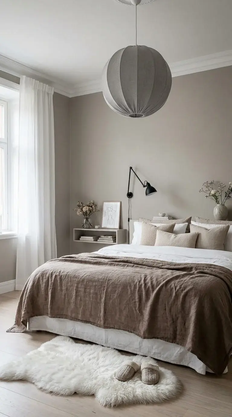 Quarto minimalista com cama bege, luminária cinza, e tapete felpudo branco. Almofadas e flores na mesa criam atmosfera aconchegante.