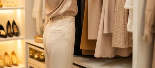 Mulher elegante escolhe roupas em closet luxuoso, com vestidos neutros, sapatos e prateleiras iluminadas, clima calmo.