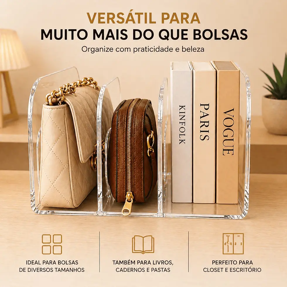 Organizador de acrílico com duas bolsas e três livros: Kinfolk, Paris, Vogue. Texto: "Versátil para muito mais do que bolsas".