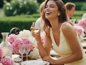 Mulher de vestido amarelo ri à mesa ao ar livre, com taça de vinho e flores rosa, em jardim elegante.