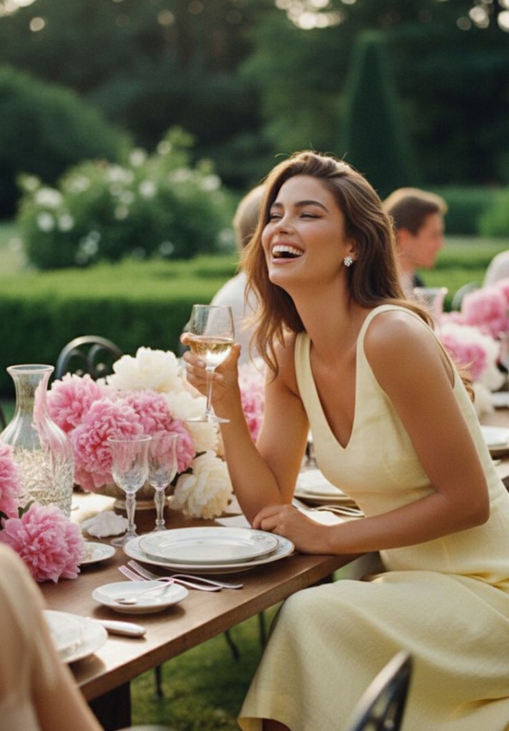 Mulher de vestido amarelo ri à mesa ao ar livre, com taça de vinho e flores rosa, em jardim elegante.