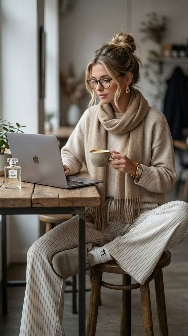 Mulher de óculos trabalha no laptop, segurando café, em ambiente aconchegante, com roupa bege e frasco de perfume na mesa.