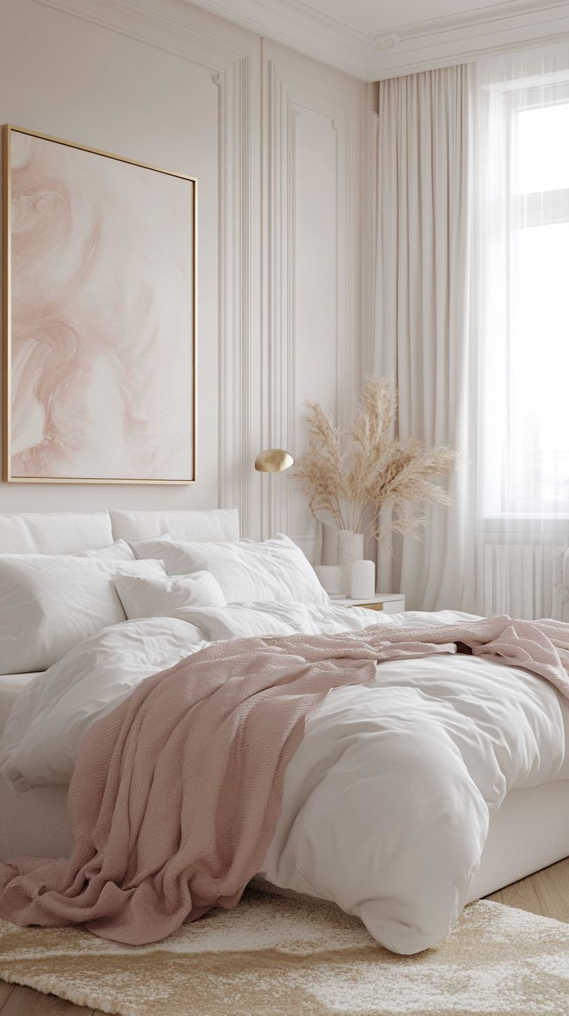 Quarto elegante com cama branca, manta rosa, e quadro abstrato. Cortinas claras e vaso com plantas secas. Atmosfera serena e sofisticada.