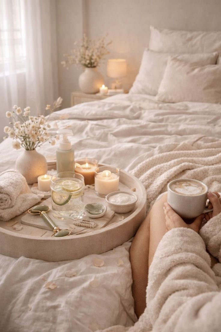 Quarto bege acolhedor com cama arrumada, bandeja com velas, flores e chá, e pessoa de robe segurando café.