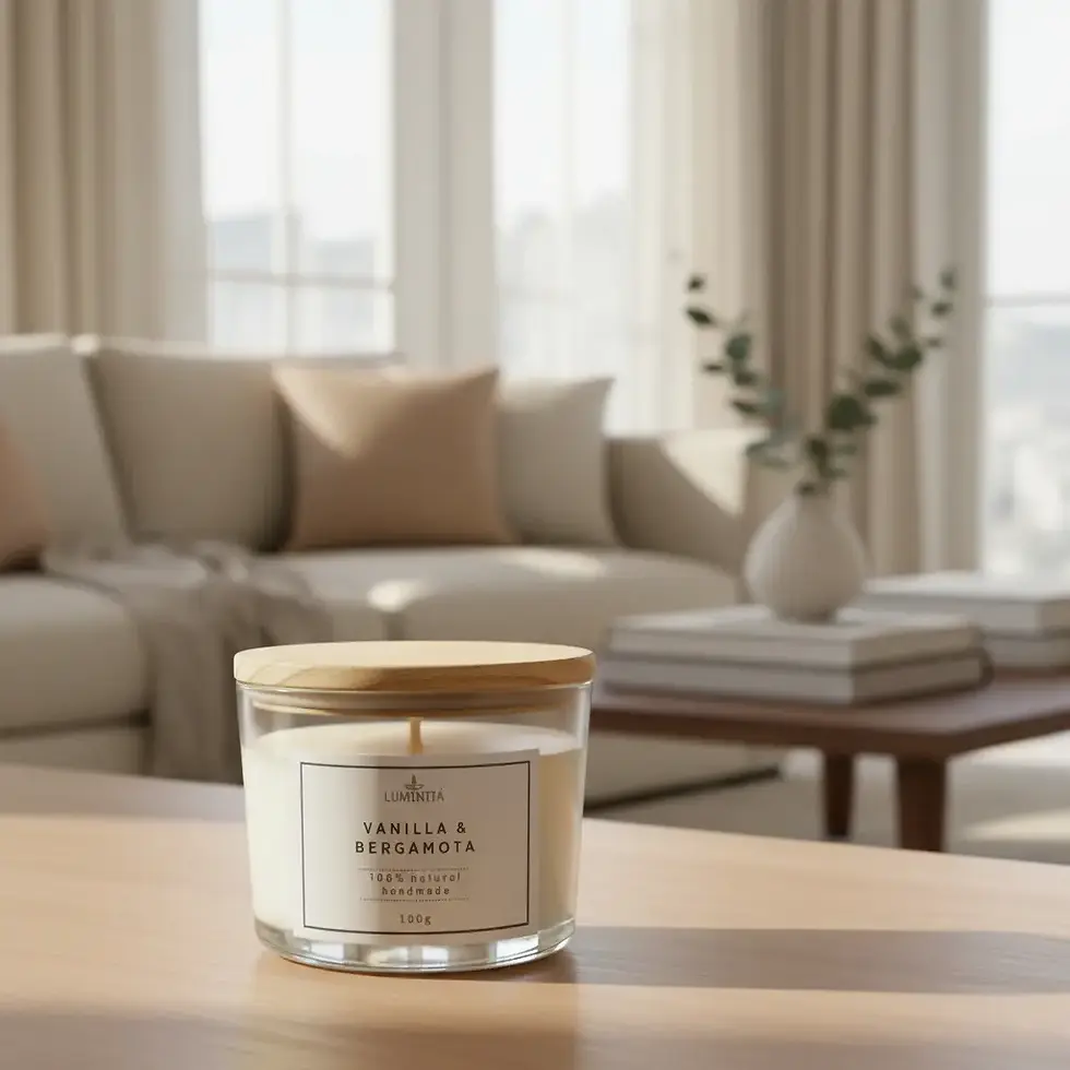 Vela em pote com rótulo VANILLA & BERGAMOTA sobre mesa, em sala clara com sofá bege e luz suave.