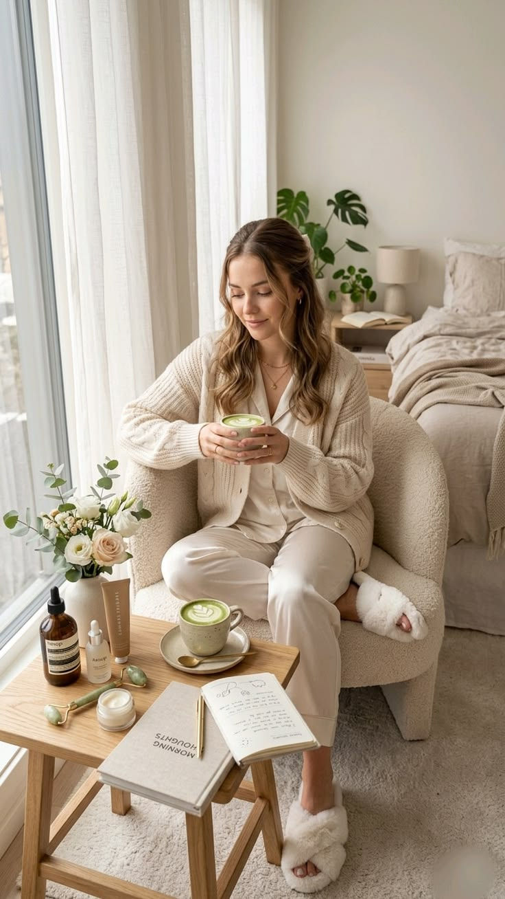 Mulher em quarto aconchegante, de pijama claro, segurando matcha; mesa com livro Morning Thoughts, flores e velas.