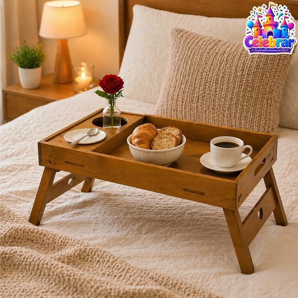 Bandeja com café, croissants e rosa vermelha sobre cama bem arrumada. Abajur e planta ao fundo. Logo "Celebrar". Atmosfera acolhedora.