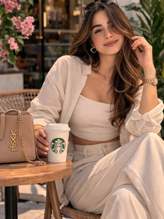 Mulher sorridente em café ao ar livre, com roupa bege, segurando copo da Starbucks ao lado de bolsa YSL