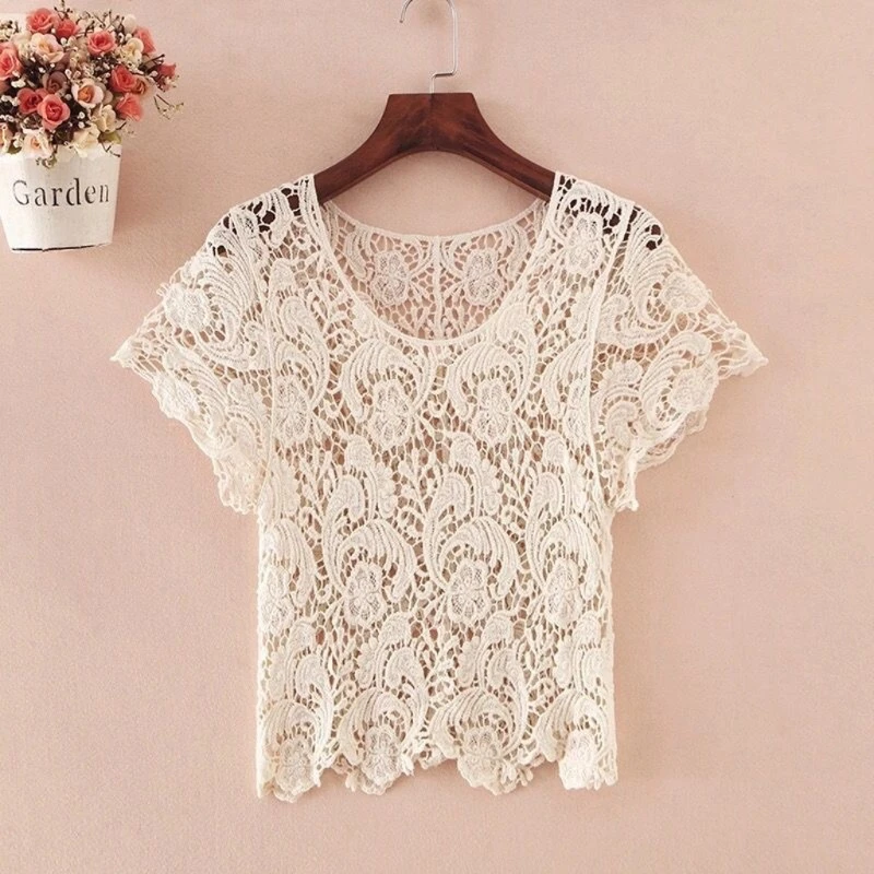 Camiseta Feminina Renda Floral Top Crochê Curta