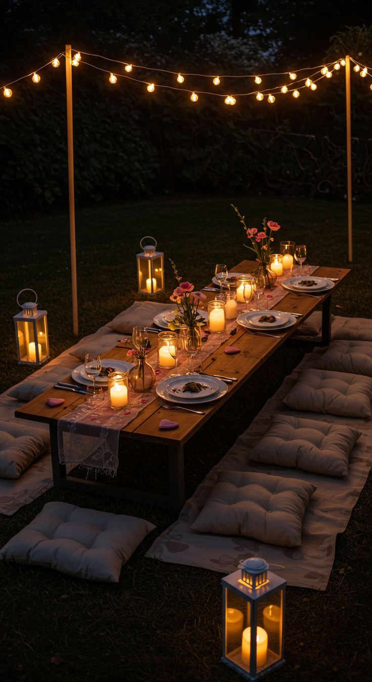 Mesa de jantar ao ar livre ao entardecer, com luzes pendentes, velas, flores e almofadas, criando clima romântico e acolhedor.