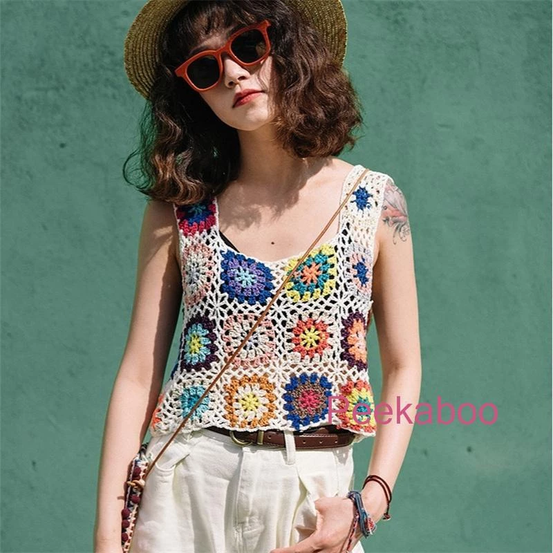 Blusa Sem Manga Colorida Crochê