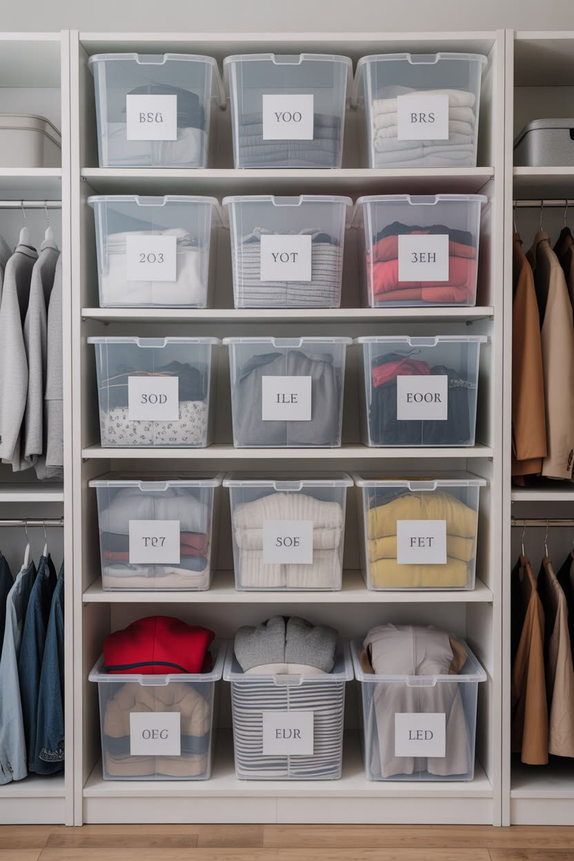 Armário com prateleiras e caixas plásticas transparentes com roupas dobradas, algumas penduradas nas laterais, etiquetas visíveis.