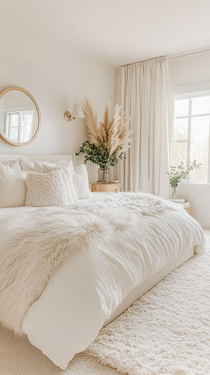Quarto aconchegante em tons claros com cama coberta por edredom felpudo, espelho redondo na parede, plantas e cortinas brancas.