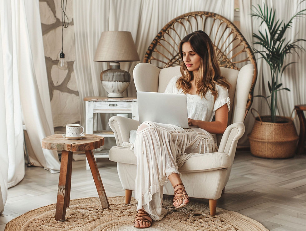 Mulher sentada numa poltrona com laptop, em sala aconchegante e clara, com mesa rústica, planta e clima tranquilo.