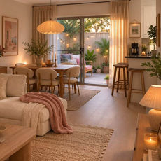 Sala de estar e jantar aconchegante com sofá, mesa de madeira, luzes quentes e pátio com plantas ao fundo.