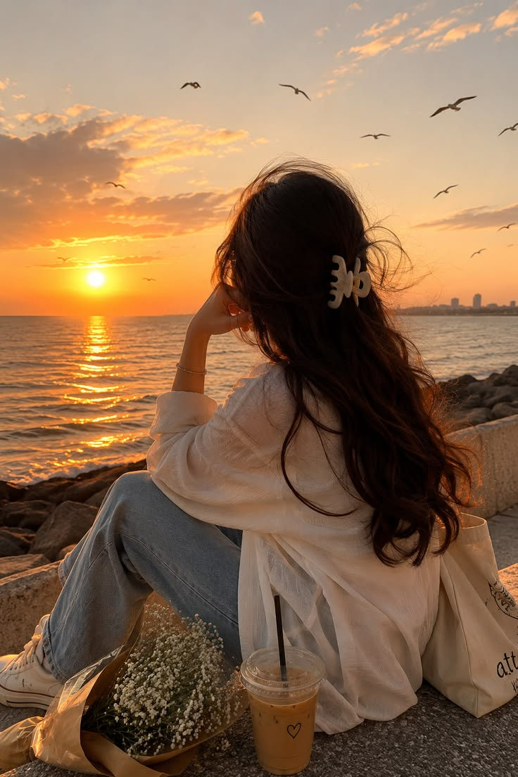 Mulher sentada à beira-mar ao pôr do sol, olhando o horizonte, com gaivotas no céu, buquê e café ao lado.