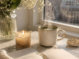 Mesa acolhedora junto à janela com flores brancas, vela acesa, caneca fumegante, caderno aberto e vista de Nova York.