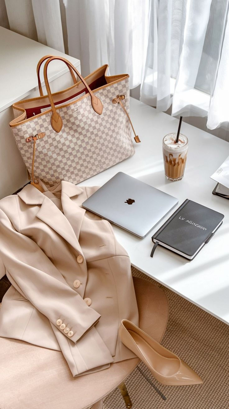Bolsa xadrez bege, laptop cinza, diário preto e café gelado em mesa branca. Blazer bege e sapato nude em cadeira. Cortina ao fundo.