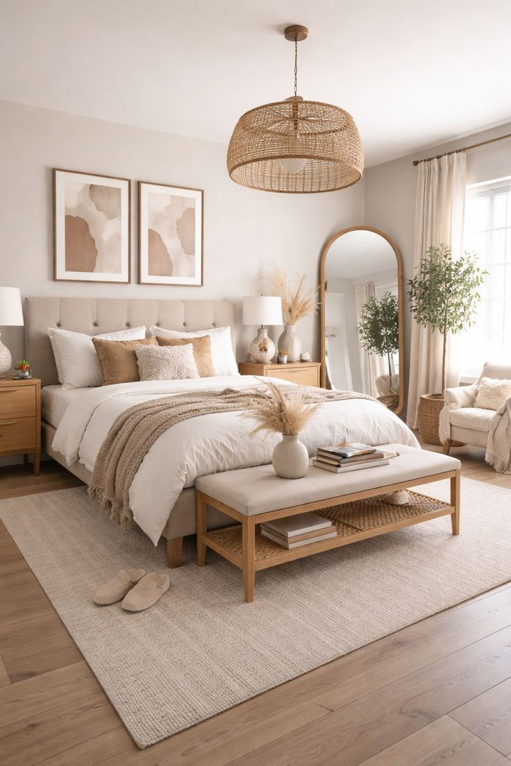 Quarto aconchegante com cama de casal, almofadas neutras, espelho grande, duas pinturas abstratas, planta e iluminação natural suave.