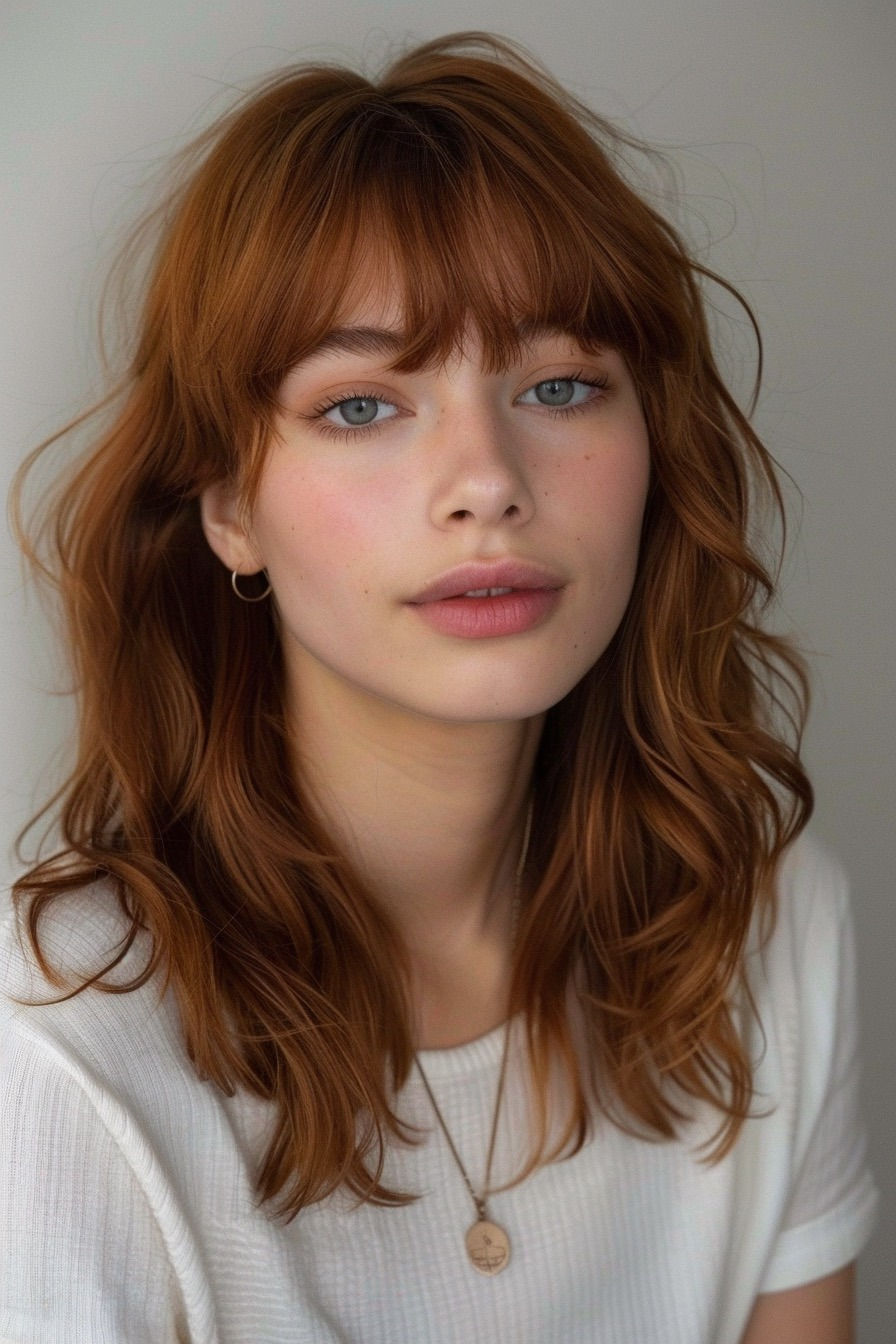 Retrato de jovem ruiva de olhos azuis, blusa branca e colar, em fundo neutro, com expressão calma.