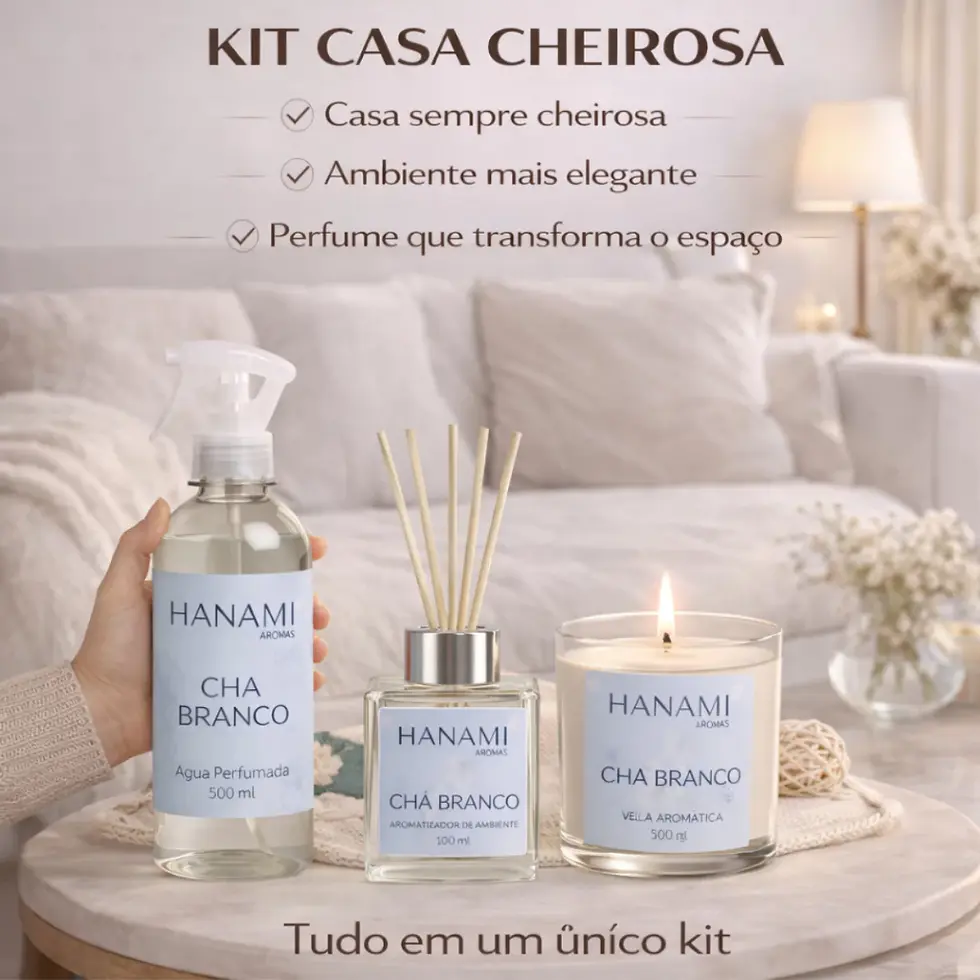 Kit aromático Hanami Chá Branco em mesa, com spray, difusor e vela. Sala elegante e texto: "Kit Casa Cheirosa", promovendo sofisticação.