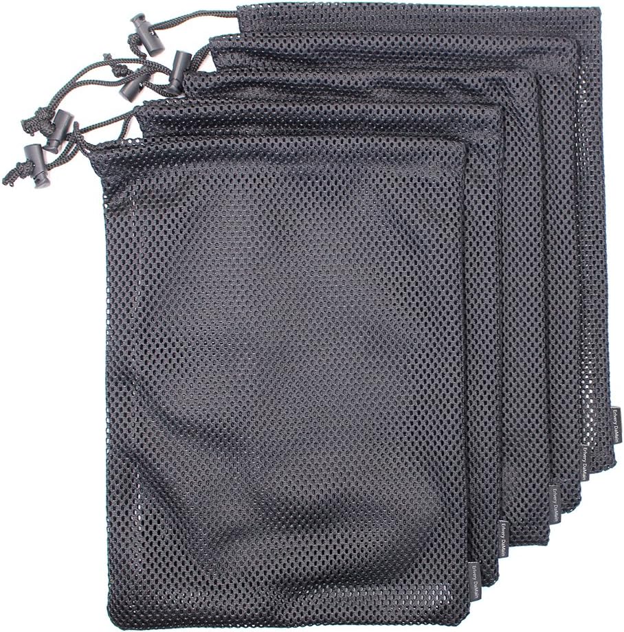 Koyee 5 PCS Multi Purpose Nylon Mesh Drawstring Storage Ditty Bags for Travel & Outdoor Activity, Black, 11 x 8.8inch