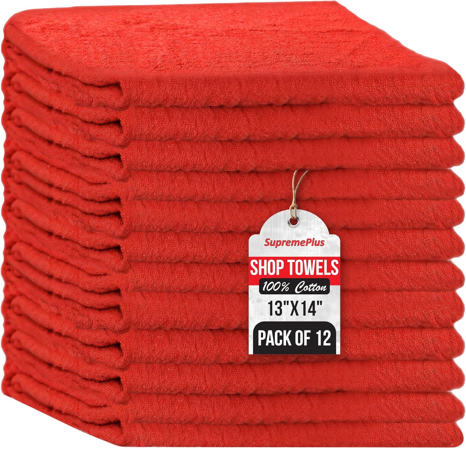 Premium Red 100% Cotton Shop Towels, 12 Pack, 13”x14”, Reusable Cleaning Shop Rags, Absorbent Mechanic Rags for Automobiles, Oil, Grease, Car Washing, Industries, Garage, Bar, and Home Use