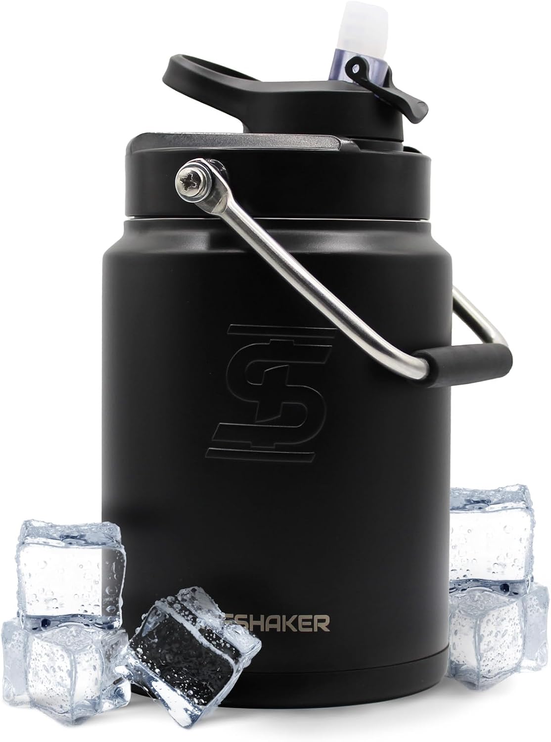 Ice Shaker Insulated Stainless Steel Half Gallon Water Jug | 64 oz, Black | Stays Cold for 60+ Hours | Multi-purpose lid | Odor-Free Outdoor Water Jug for Sports, Camping, Hiking, Working Out