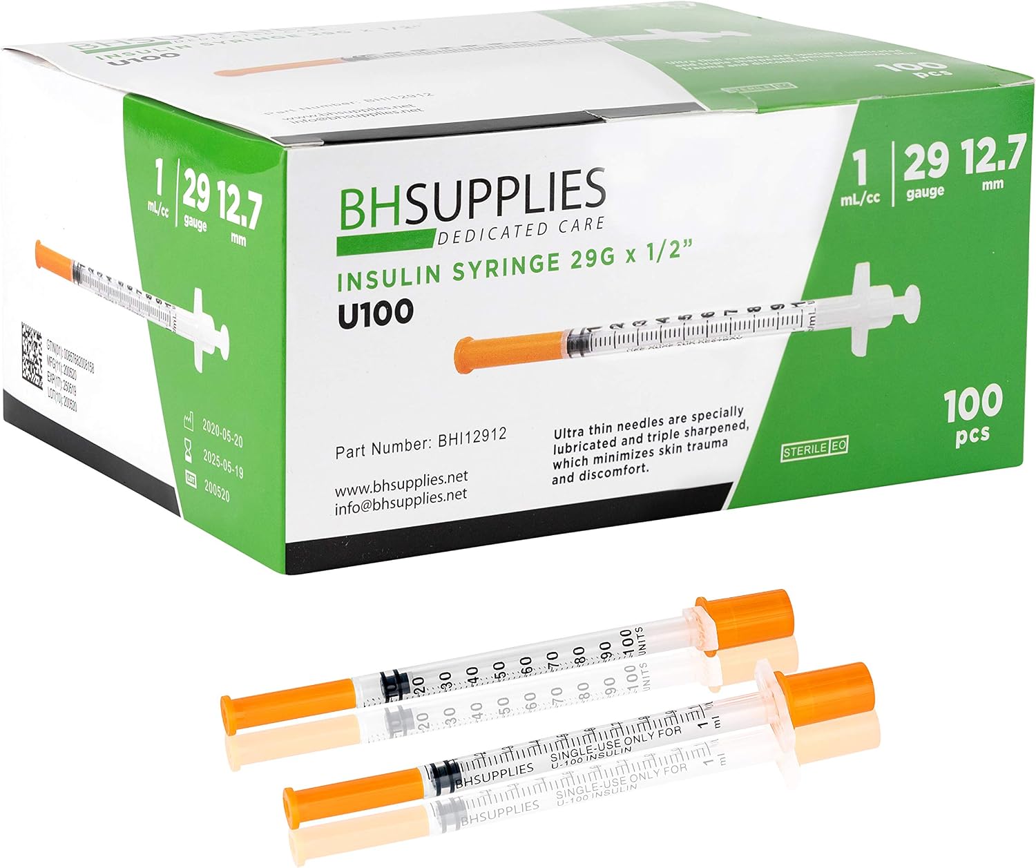 BH Supplies Insulin Syringes U-100 29G 1ml/cc 1/2" (12.7mm) Pack of 100 Pcs