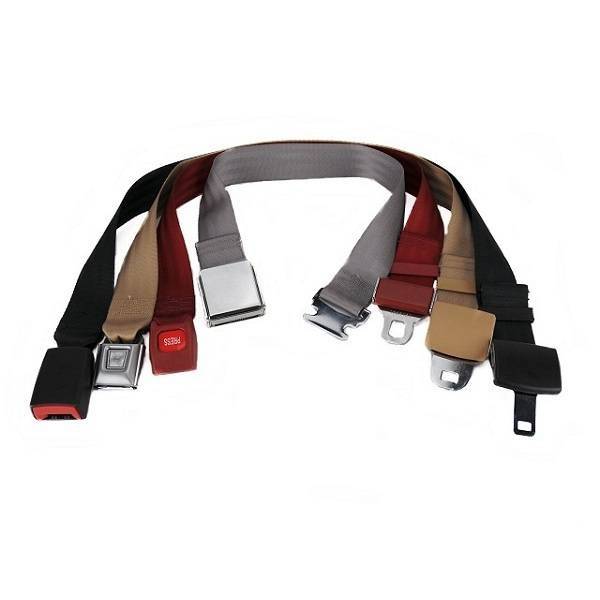 Seatbelt Planet continuous-loop belts in several webbing colours, with the gray belt in the centre showing the chrome lift-latch buckle.