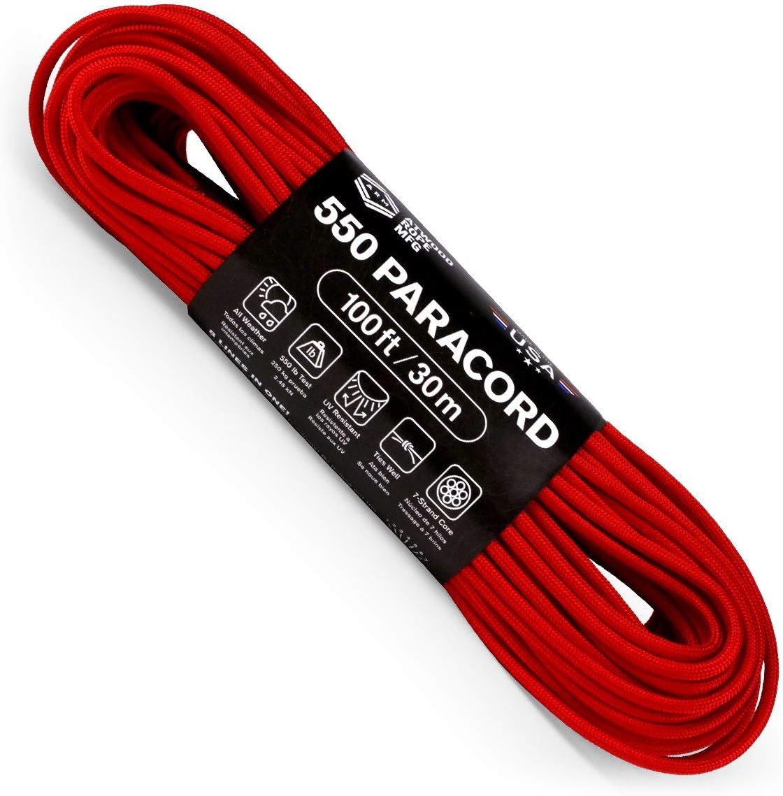 Atwood Rope MFG 550 Paracord 100 Feet 7-Strand Core Nylon Parachute Cord Outside Survival Gear Made in USA | Lanyards, Bracelets, Handle Wraps, Keychain (Red)