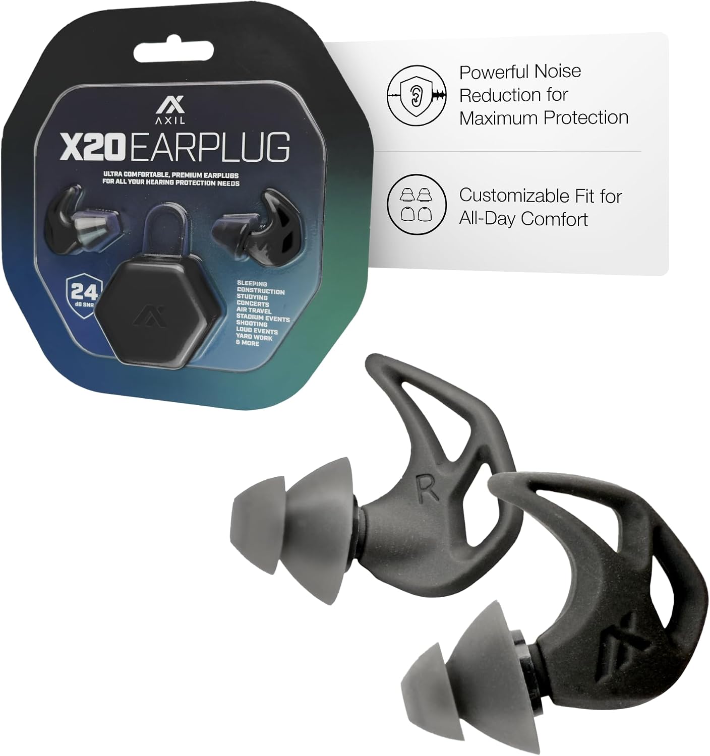 AXIL X20 Noise Reduction Ear Plugs, 24dB Hearing Protection, Black