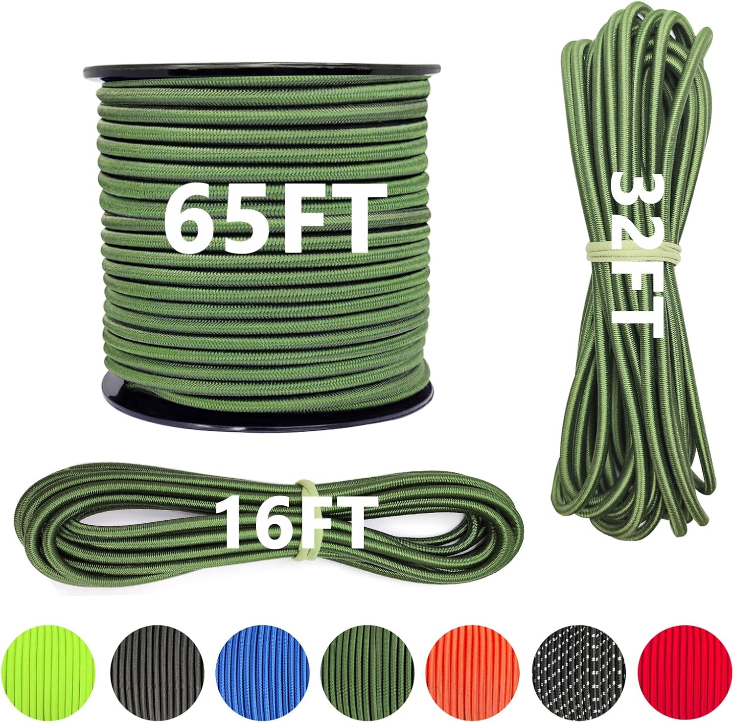 1/4" x 16' Marine Grade Bungee Cord Elastic Shock Cord, Kayak Stretch String Rope, Heavy Duty Bungee Shock Cords for Repairing Tent Poles, DIY, Tie Downs (Army Green)