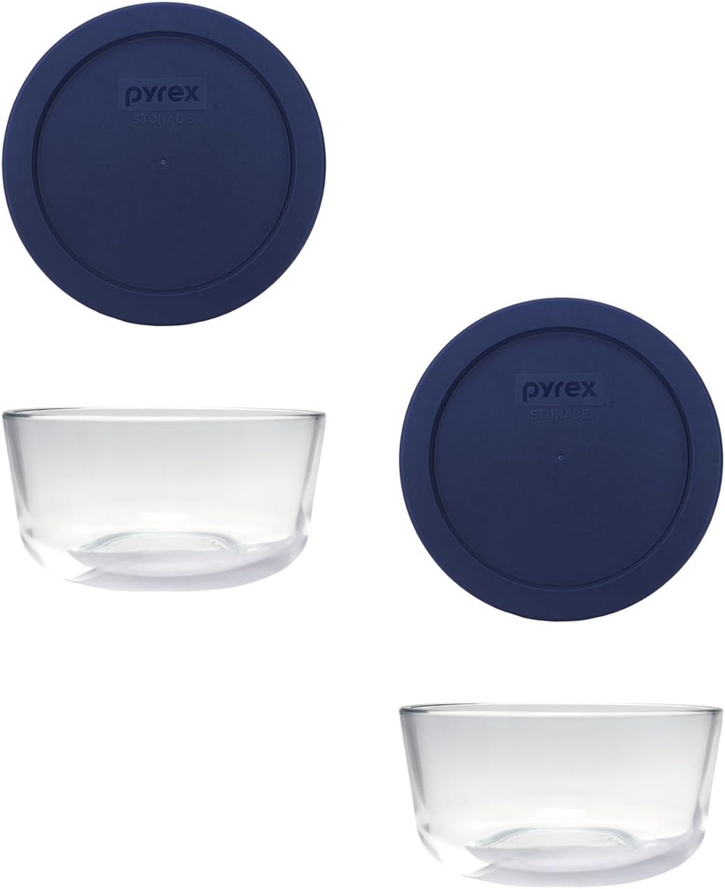 Pyrex (2 7201 4-Cup Glass Bowls with (2) 7201-PC Blue Lids - Made in USA