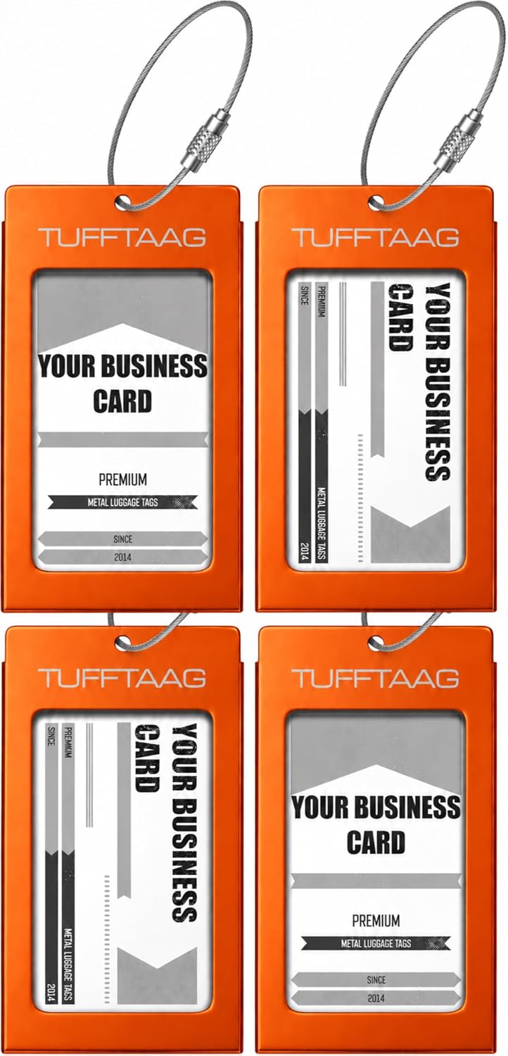 Luggage Tags Business Card Holder by TUFFTAAG - Durable Travel ID Bag Tag, Amber, 4 Pack