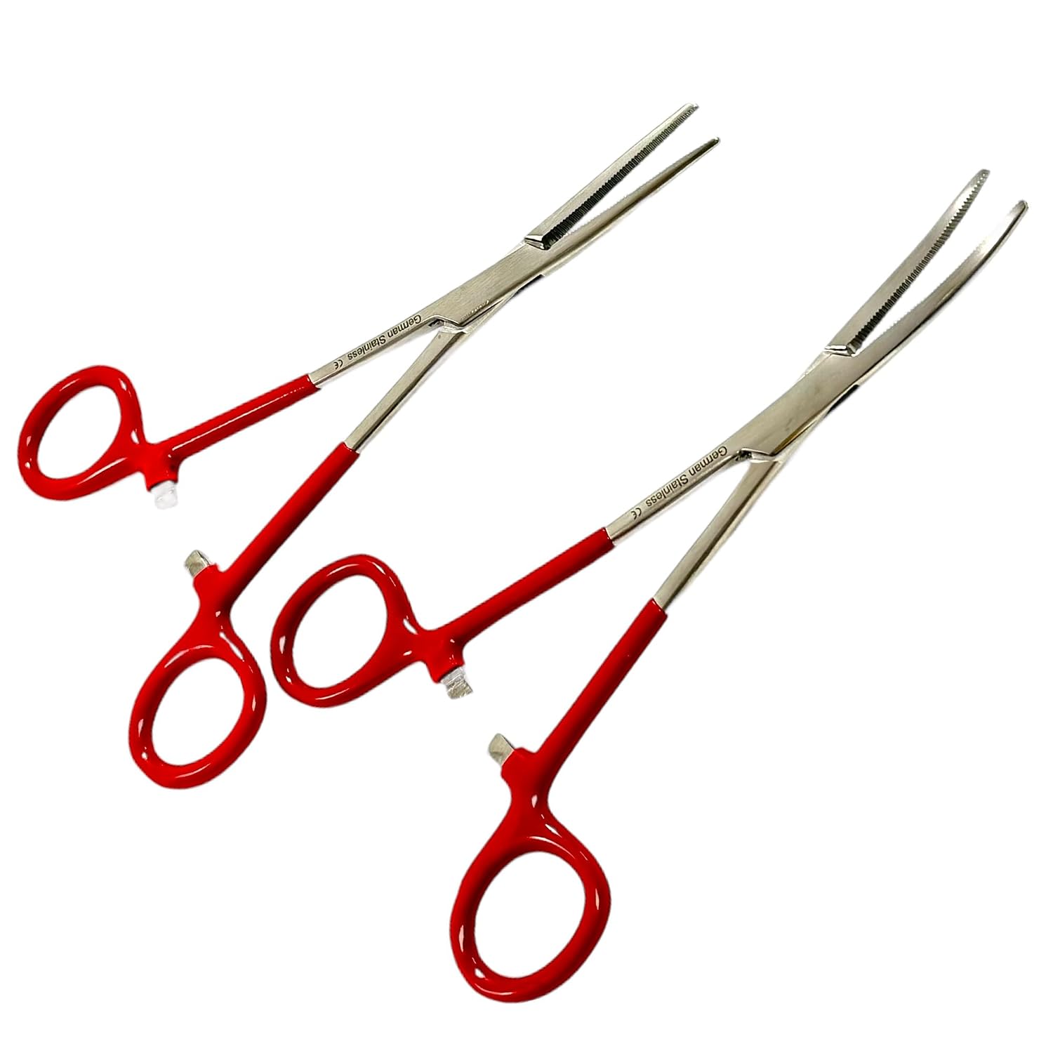 2 Premium Grade 6 1/2" Hemostat Locking Forceps clamp w/Vinyl Grip,Straight + Curved Jaw Serrated Surgical Instrument-German Grade (Cynmaed Brand) Set of 2 ea …