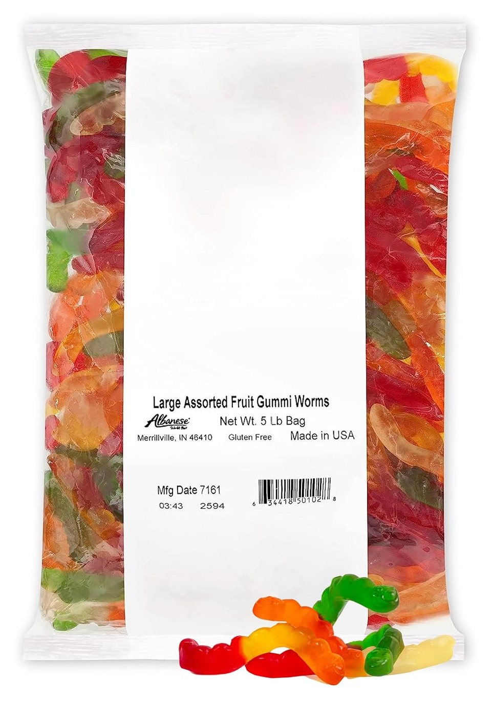 Albanese Candy, Large Assorted Fruit Gummi Worms, 5-pound Bag