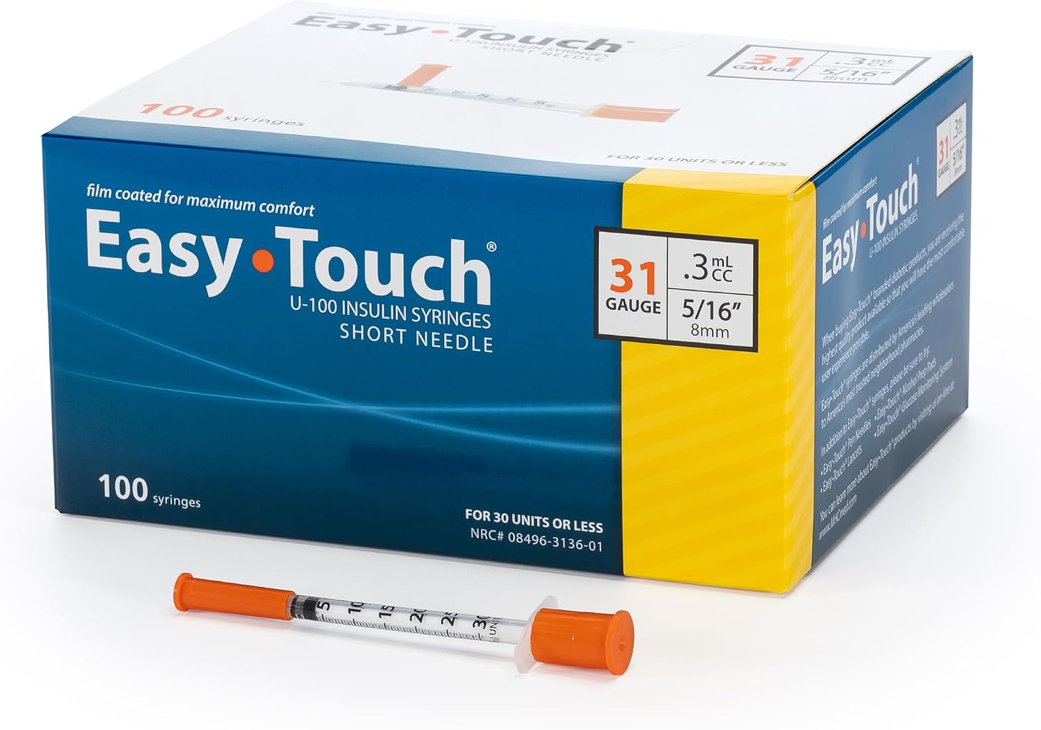 EasyTouch U-100 Insulin Syringes (31G 0.3cc 5/16") - 100ct.