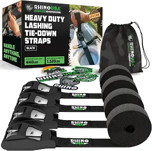 Rhino USA Lashing Straps (4-Pack) - Cam Buckle Tie Downs for Kayak, Cargo